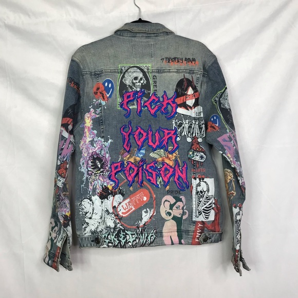 Sugarhill embroidery retro light wash 7 sins printed graphic denim jacket - Picture 2 of 10
